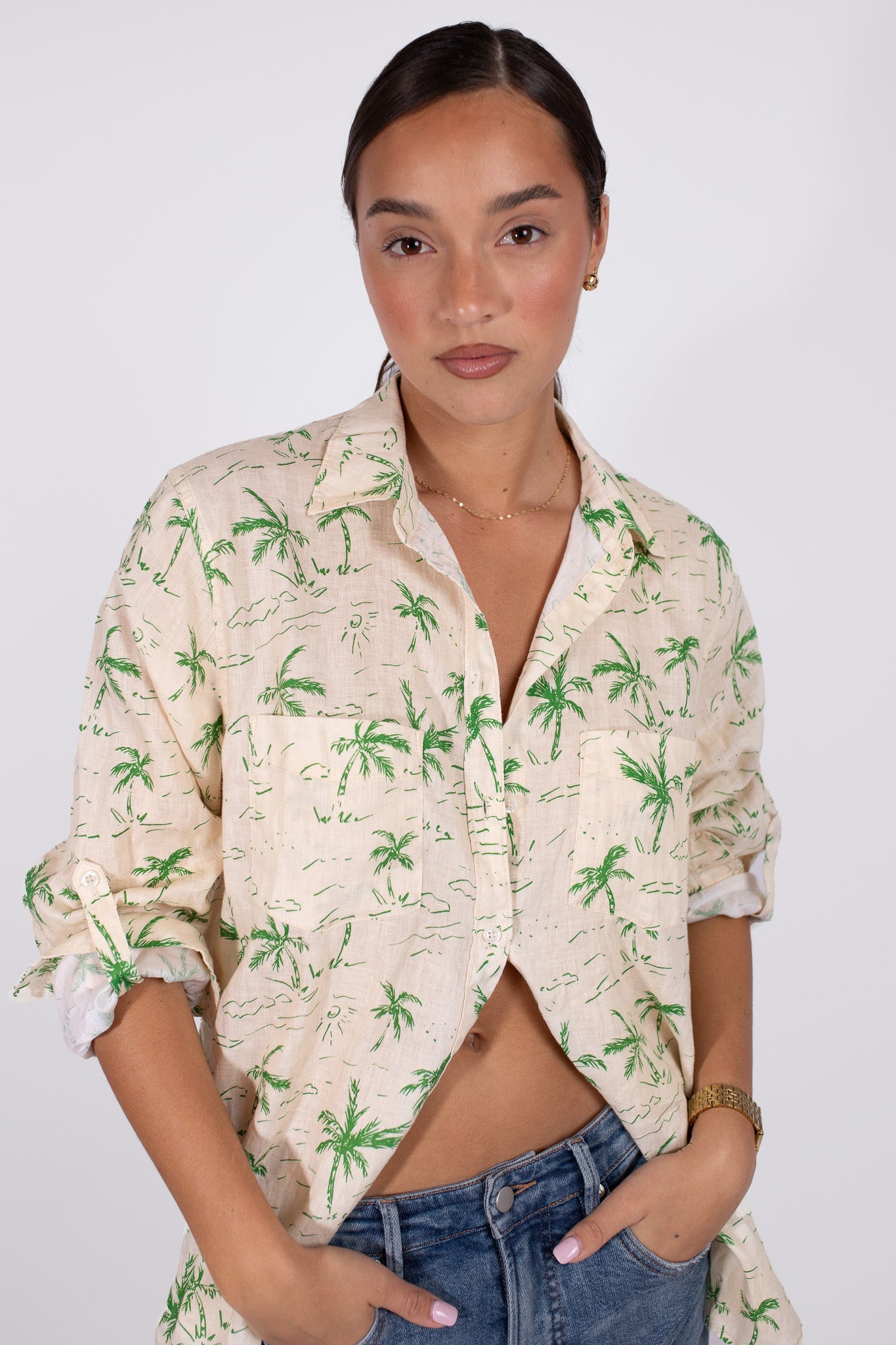 Tropical Vista Print Boyfriend Linen Shirt