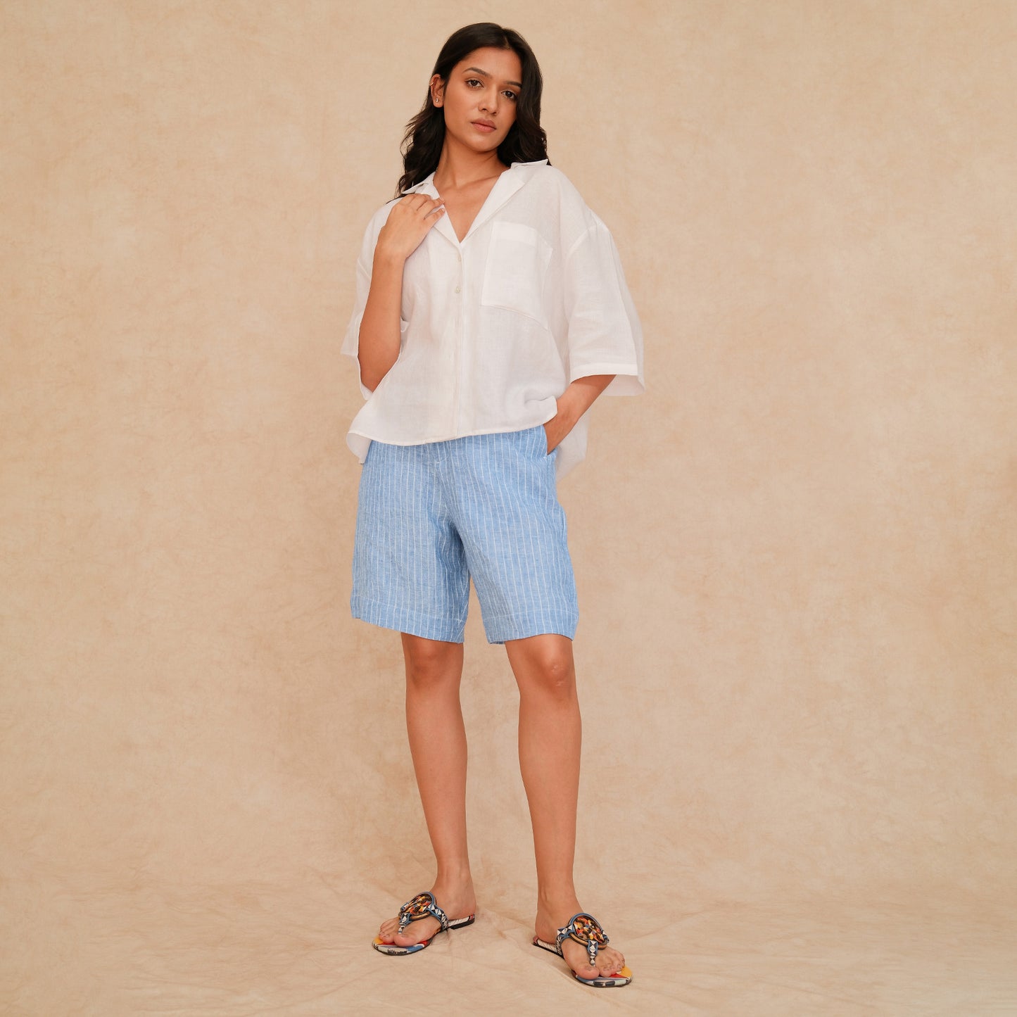 The Classic Tailored Linen Bermuda Shorts Blue & White Stripe