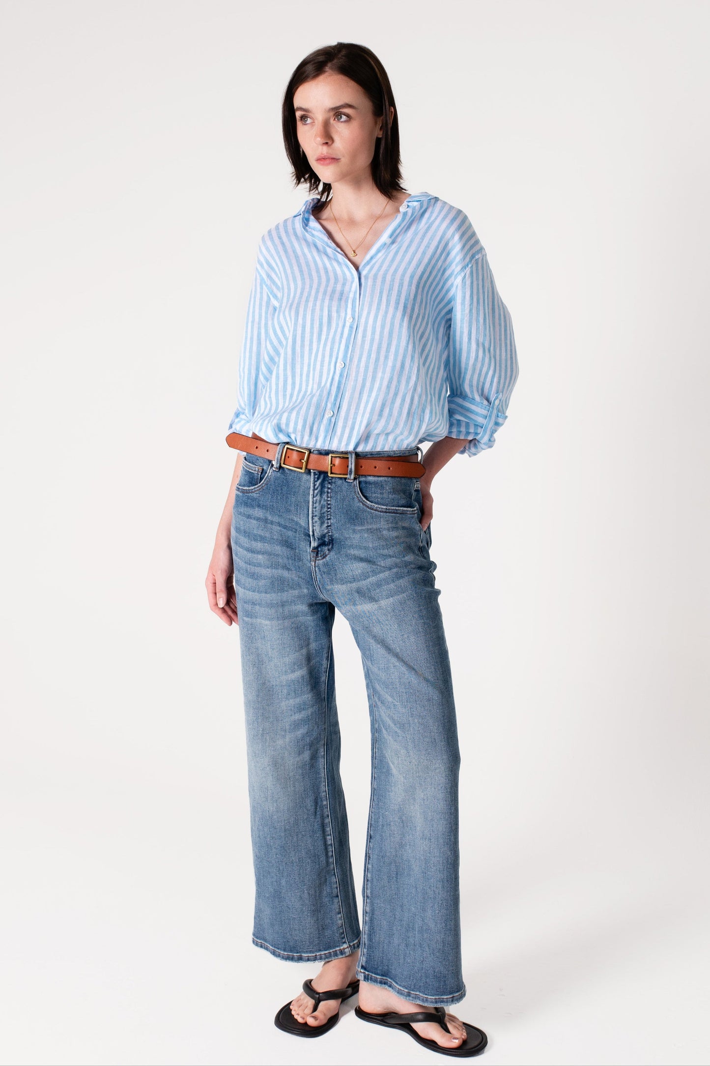 Sky BLUE Yarn Dyed Stripe Boyfriend Linen Shirt