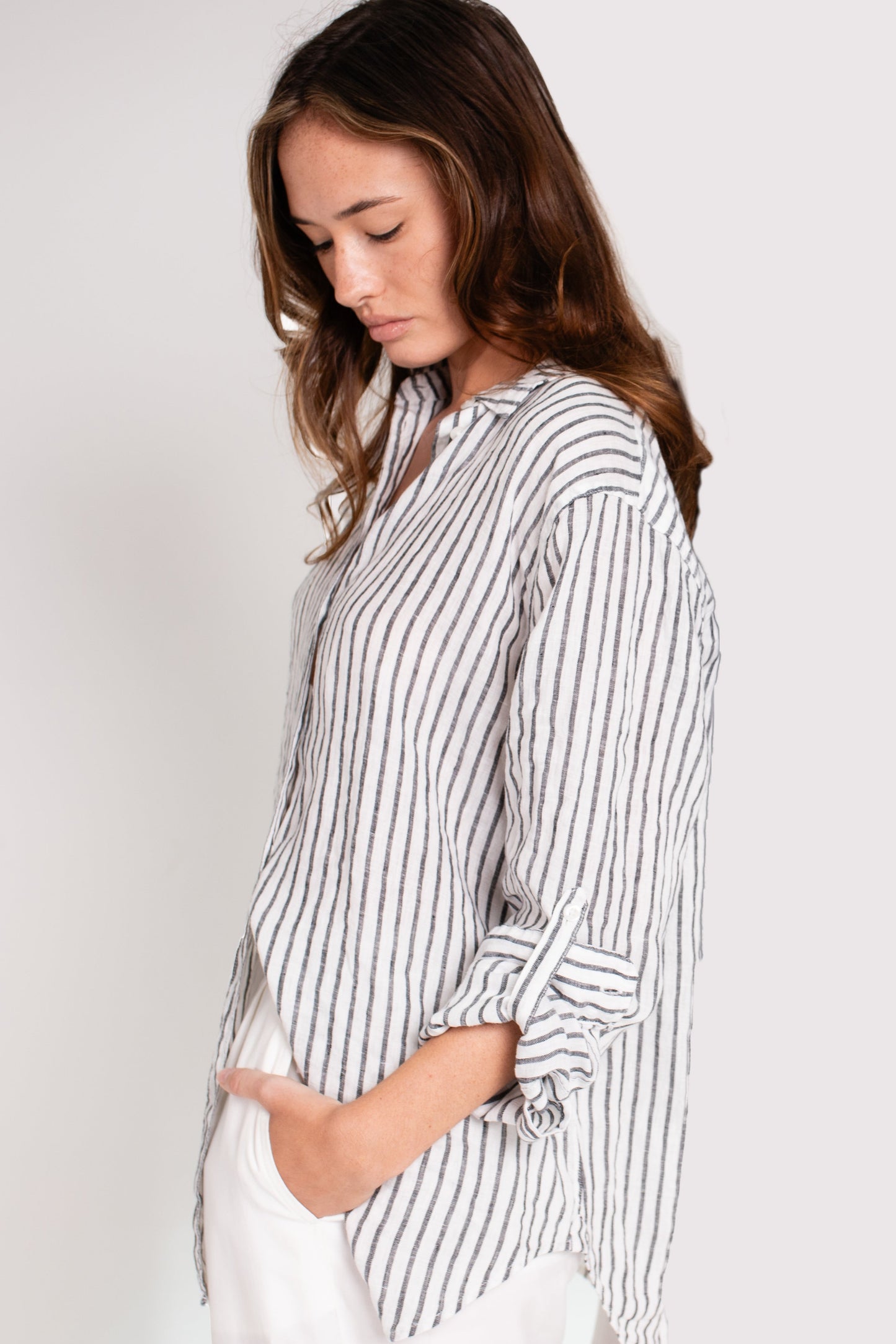Black Yarn Dye Stripe Boyfriend Linen Shirt