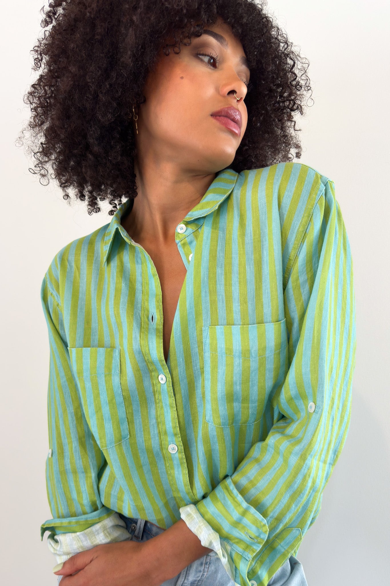Key Lime Stripe Boyfriend Linen Shirt