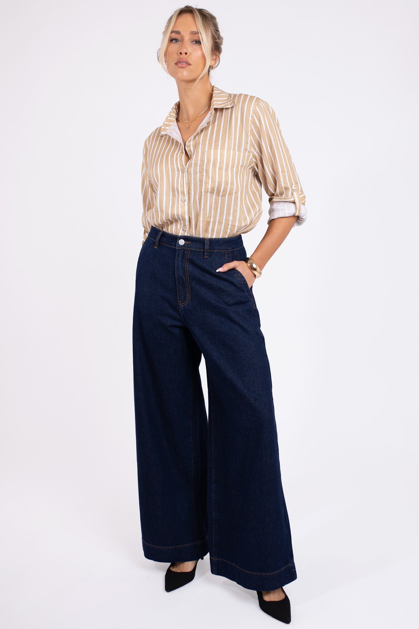 Iconic Tan Stripe Boyfriend Linen Shirt