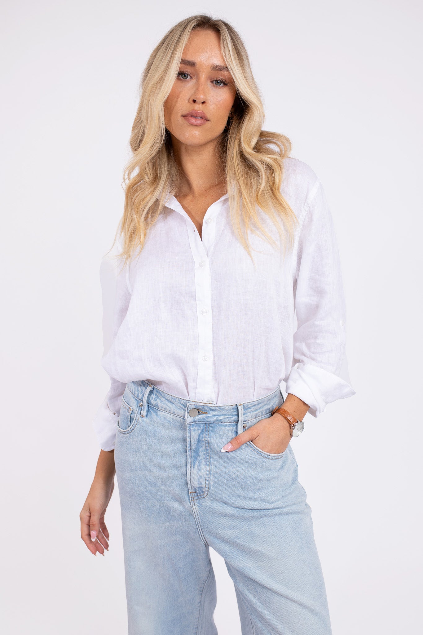 White No Pocket Boyfriend Linen Shirt