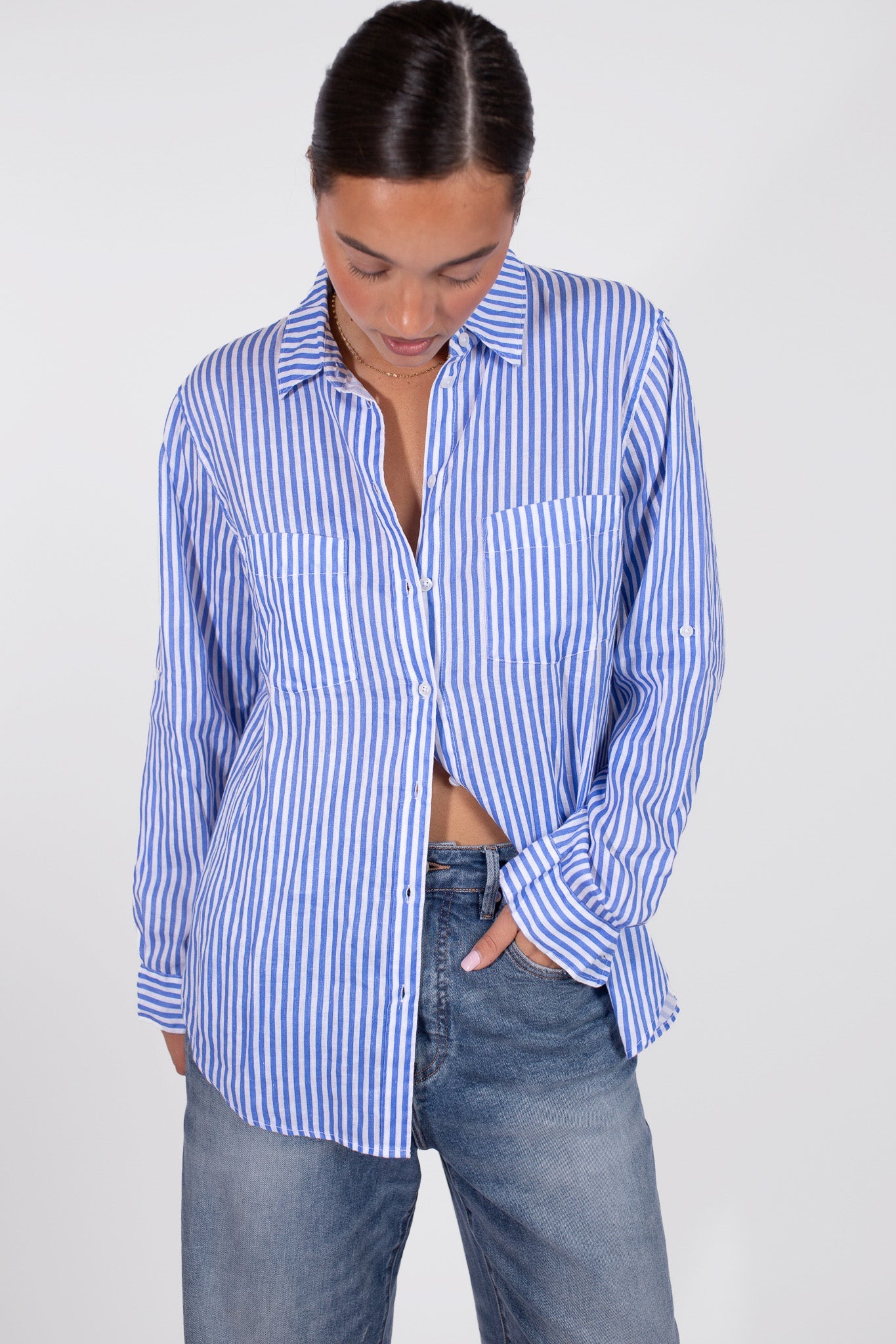 Classic Blue Stripe Boyfriend Linen Shirt