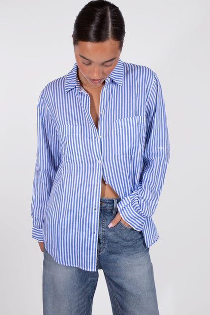 Classic Blue Stripe Boyfriend Linen Shirt
