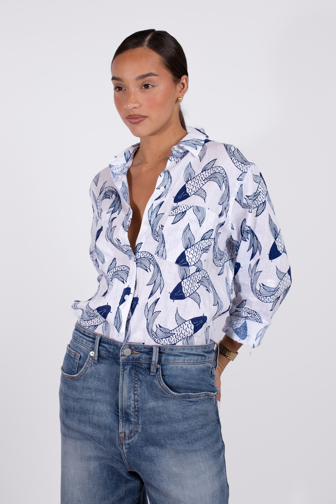 Koi Print Boyfriend Linen Shirt