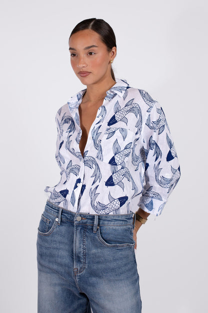Koi Print Boyfriend Linen Shirt