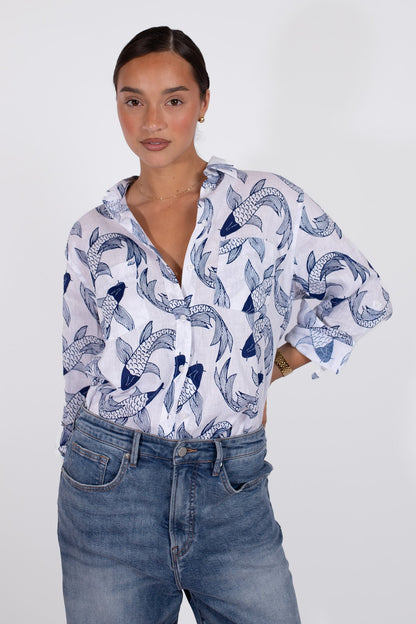 Koi Print Boyfriend Linen Shirt