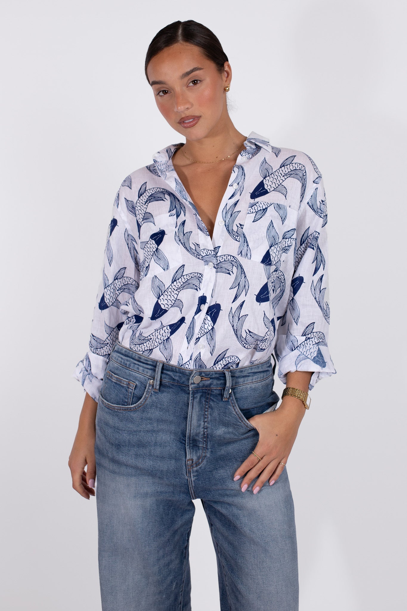 Koi Print Boyfriend Linen Shirt