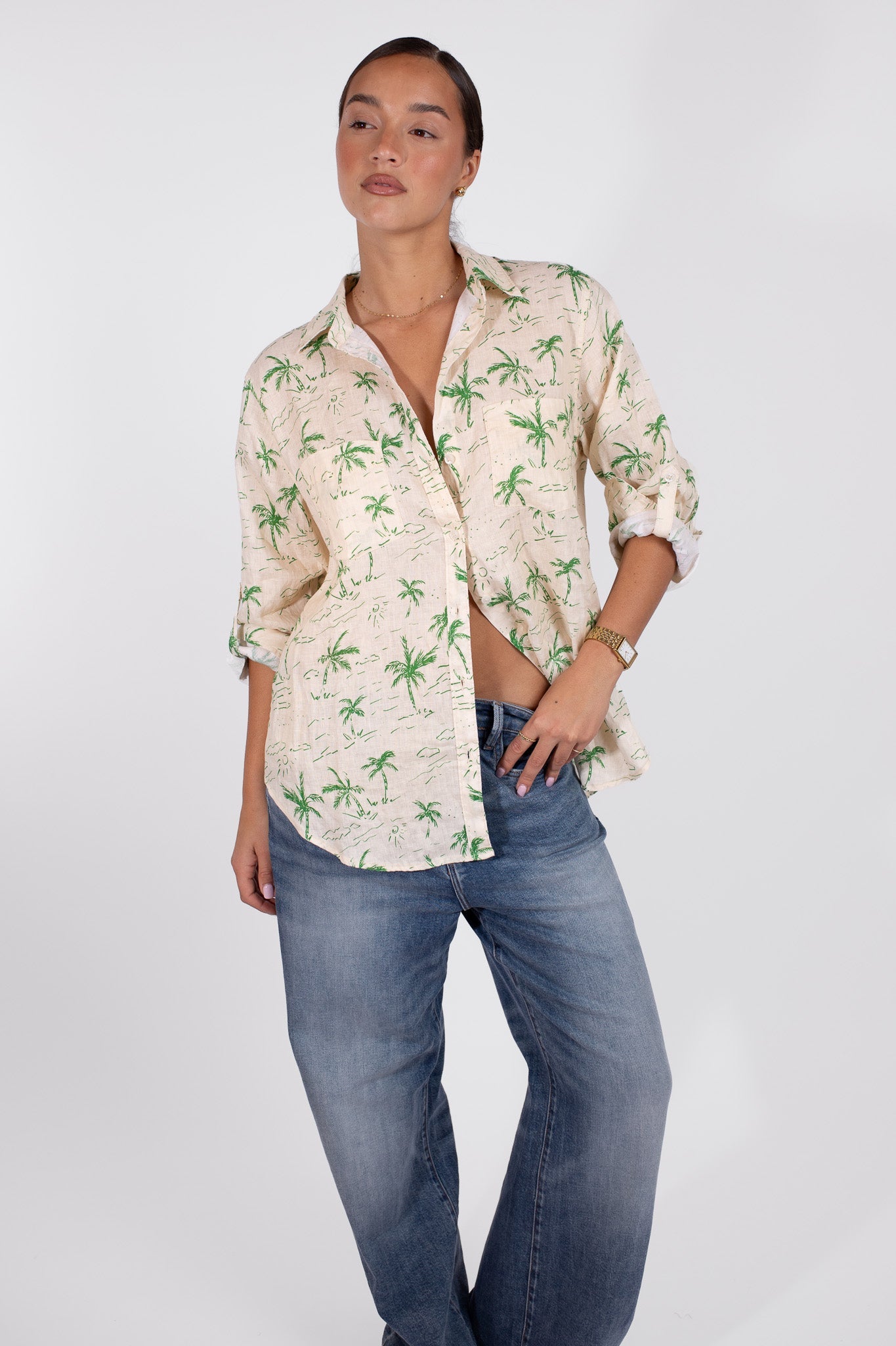 Tropical Vista Print Boyfriend Linen Shirt