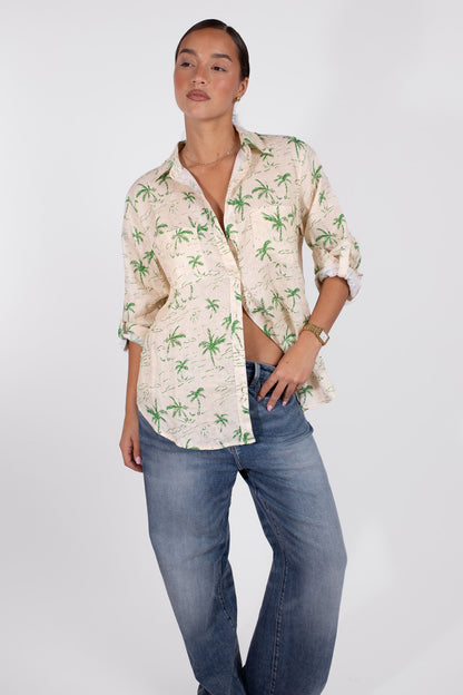 Tropical Vista Print Boyfriend Linen Shirt