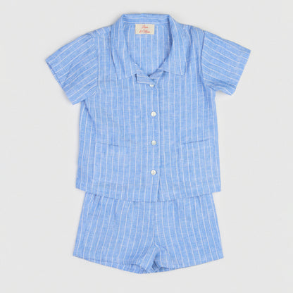 The Buttoned-Shirt Linen Set Blue & White Stripe