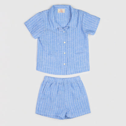 The Buttoned-Shirt Linen Set Blue & White Stripe
