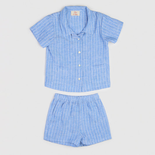 The Buttoned-Shirt Linen Set Blue & White Stripe