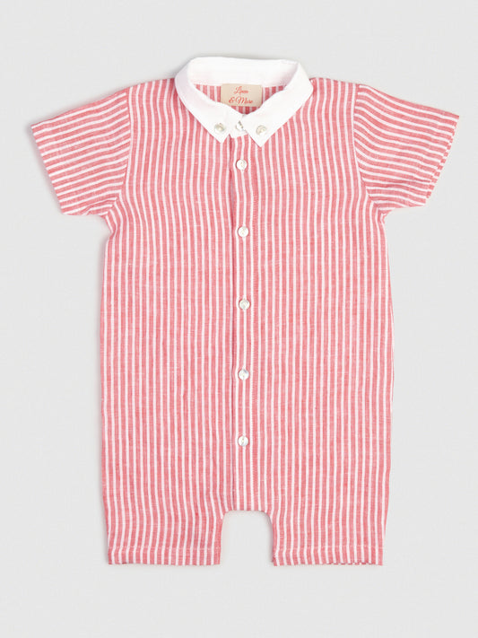 The Classic Shirt-Romper with Contrast Collar Red & White Stripe