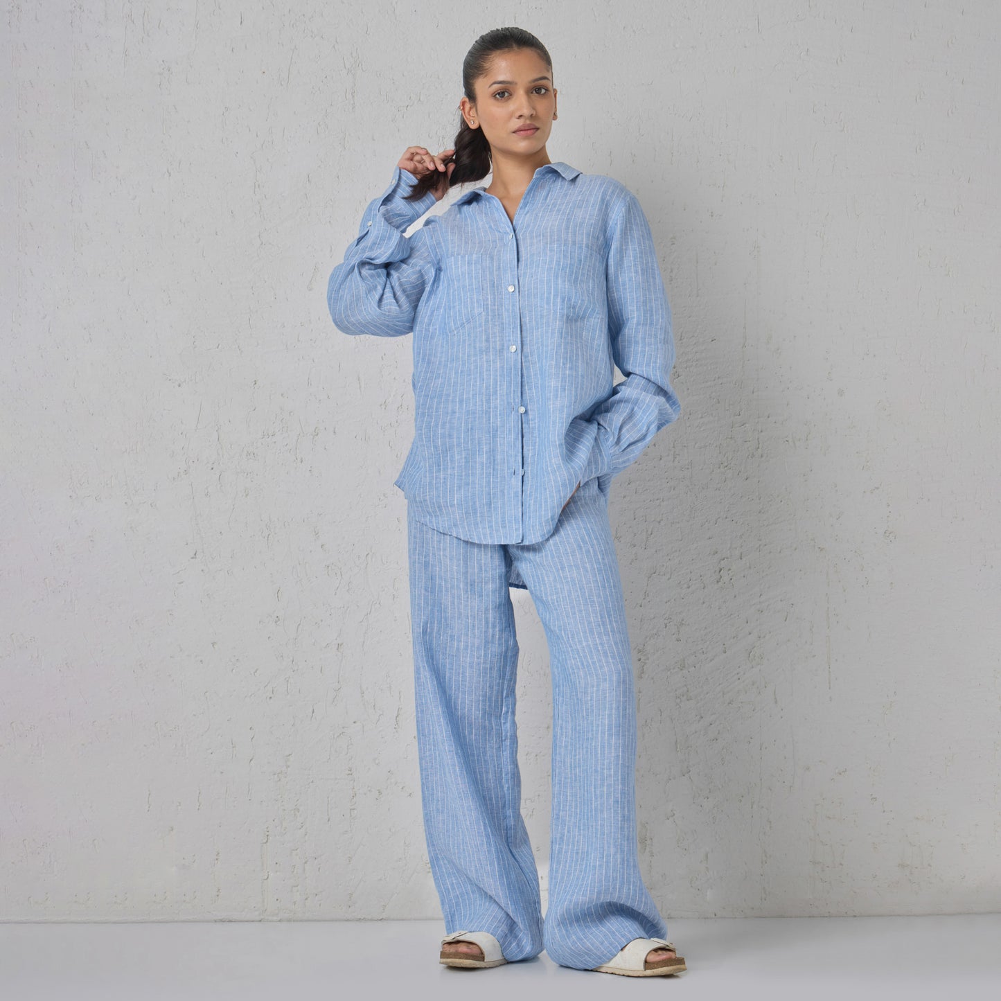 The Boyfriend Linen Co-Ord Set Blue and White Stripe