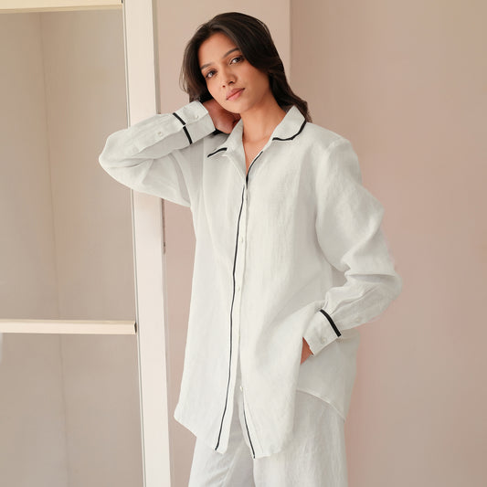 The Signature Contrast Stitch Linen Shirt - White (Long Sleeves)