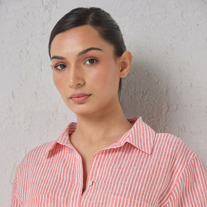 The Boyfriend Linen Shirt Red & White