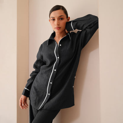The Signature Contrast Stitch Linen Shirt- Black (Long Sleeves)