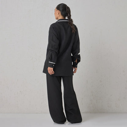 The Signature Contrast Stitch Linen Shirt- Black (Long Sleeves)