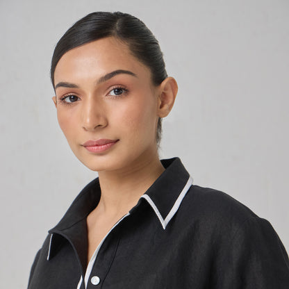 The Signature Contrast Stitch Linen Shirt- Black (Long Sleeves)
