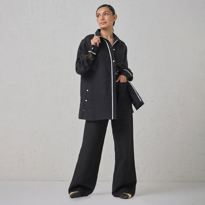 The Signature Contrast Stitch Linen Shirt- Black (Long Sleeves)
