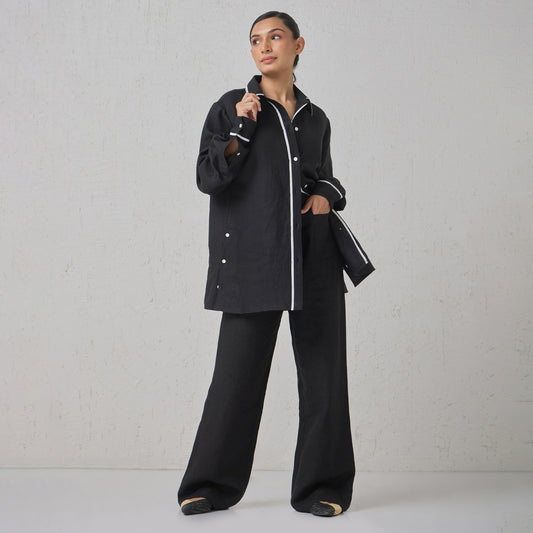 The Signature Contrast Stitch Linen Shirt- Black (Long Sleeves)