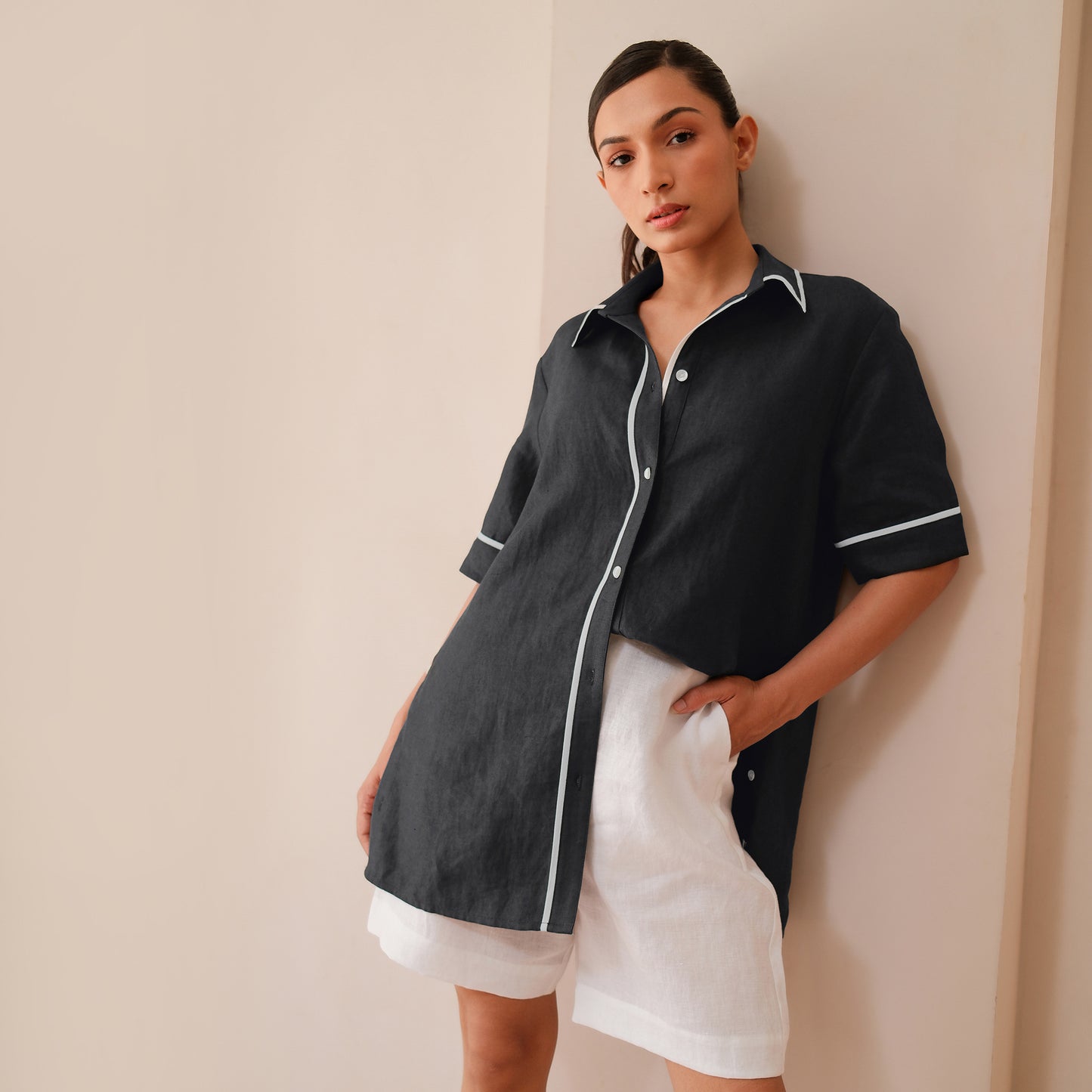 The Signature Contrast Stitch Linen Shirt- Black (Short Sleeves)