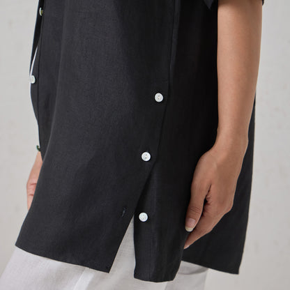 The Signature Contrast Stitch Linen Shirt- Black (Short Sleeves)