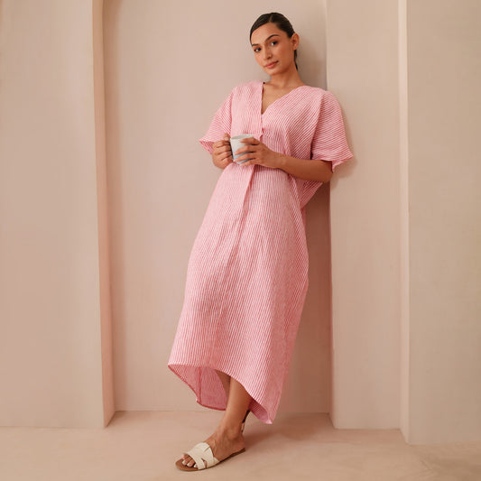The Stripe Linen Kaftaan Dress Red & White