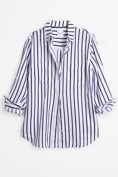 Navy and White Stripe Boyfriend Linen Shirt