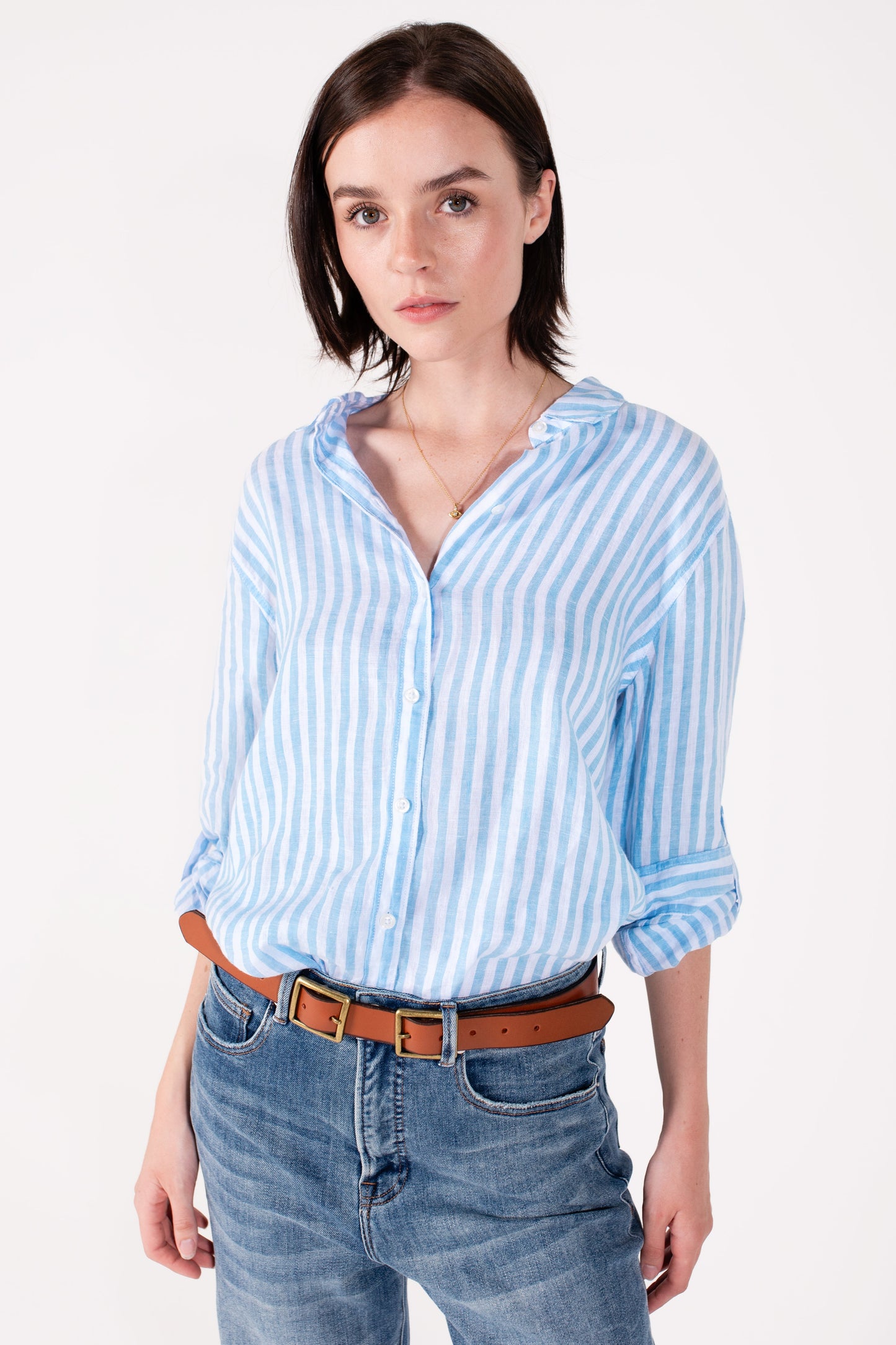 Sky BLUE Yarn Dyed Stripe Boyfriend Linen Shirt