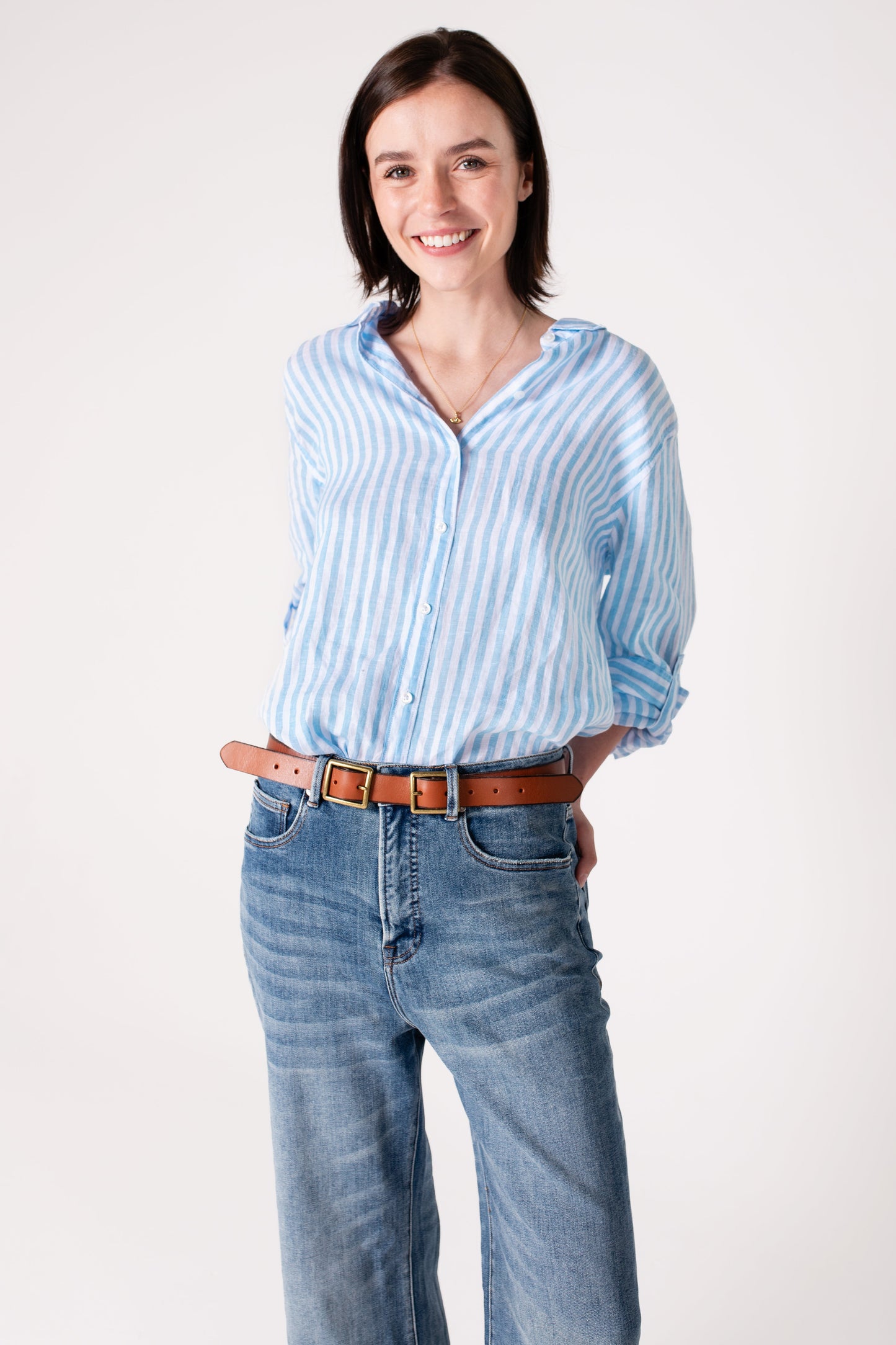 Sky BLUE Yarn Dyed Stripe Boyfriend Linen Shirt