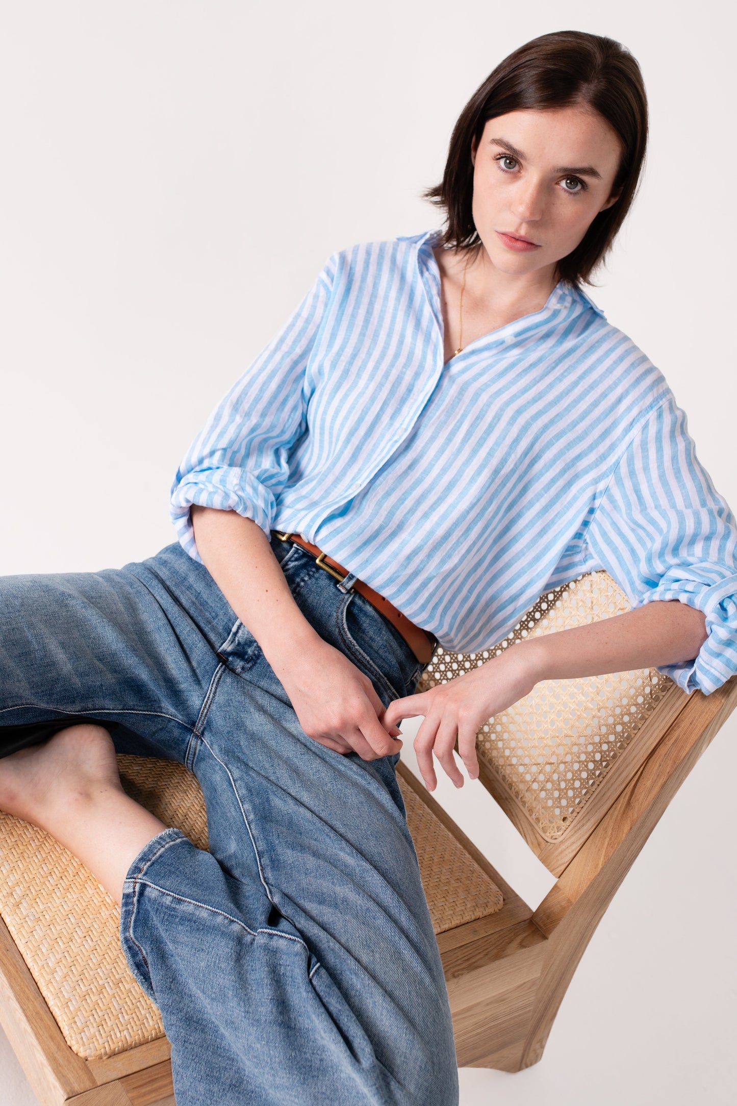 Sky BLUE Yarn Dyed Stripe Boyfriend Linen Shirt