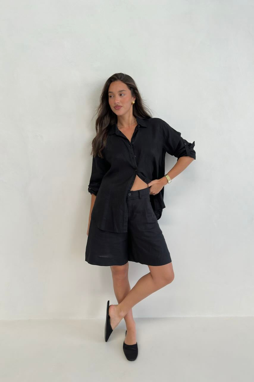 Black No Pocket Boyfriend Linen Shirt