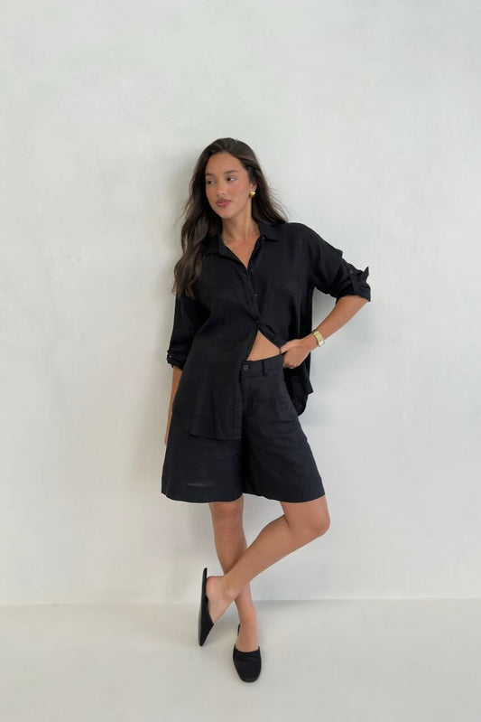 Black No Pocket Boyfriend Linen Shirt