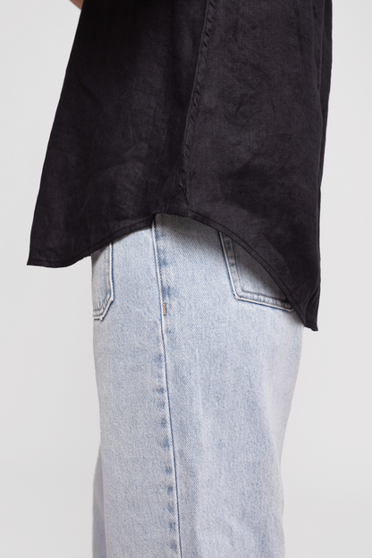 Black Short Sleeve Boyfriend Linen Shirt