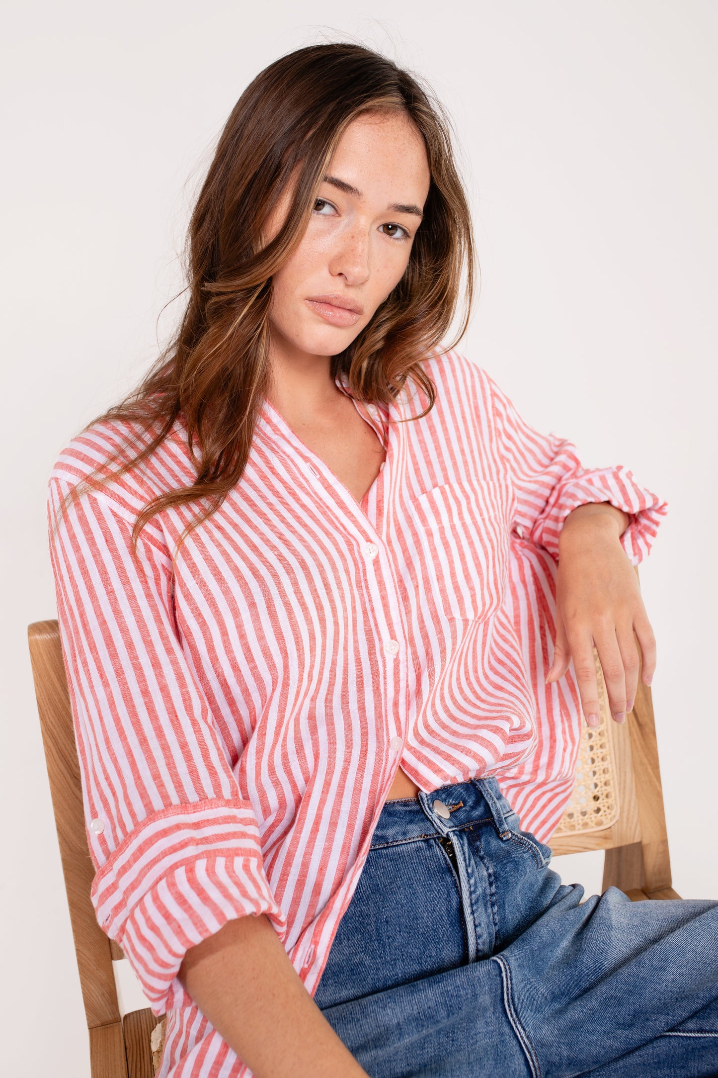 Red Yarn Dye Stripe Boyfriend Linen Shirt