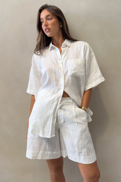 White Short Sleeve Boyfriend Linen Shirt