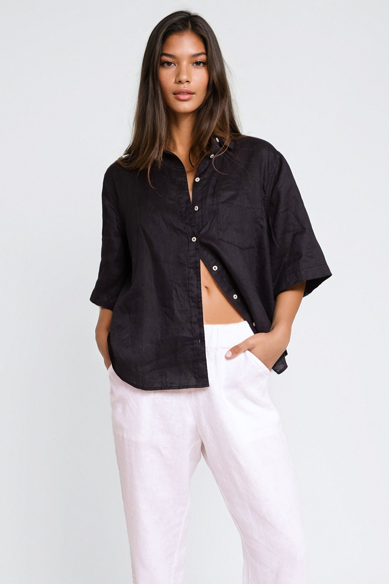 Black Short Sleeve Boyfriend Linen Shirt