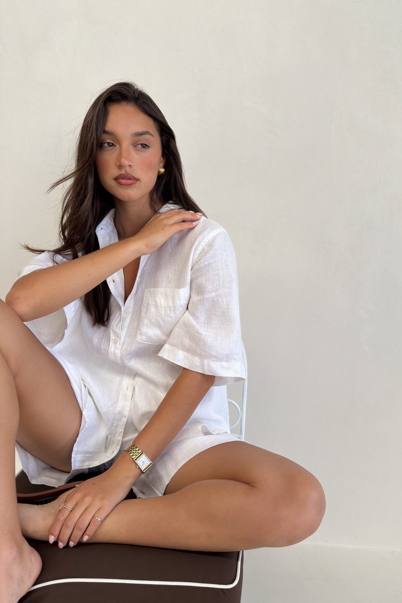 White Short Sleeve Boyfriend Linen Shirt