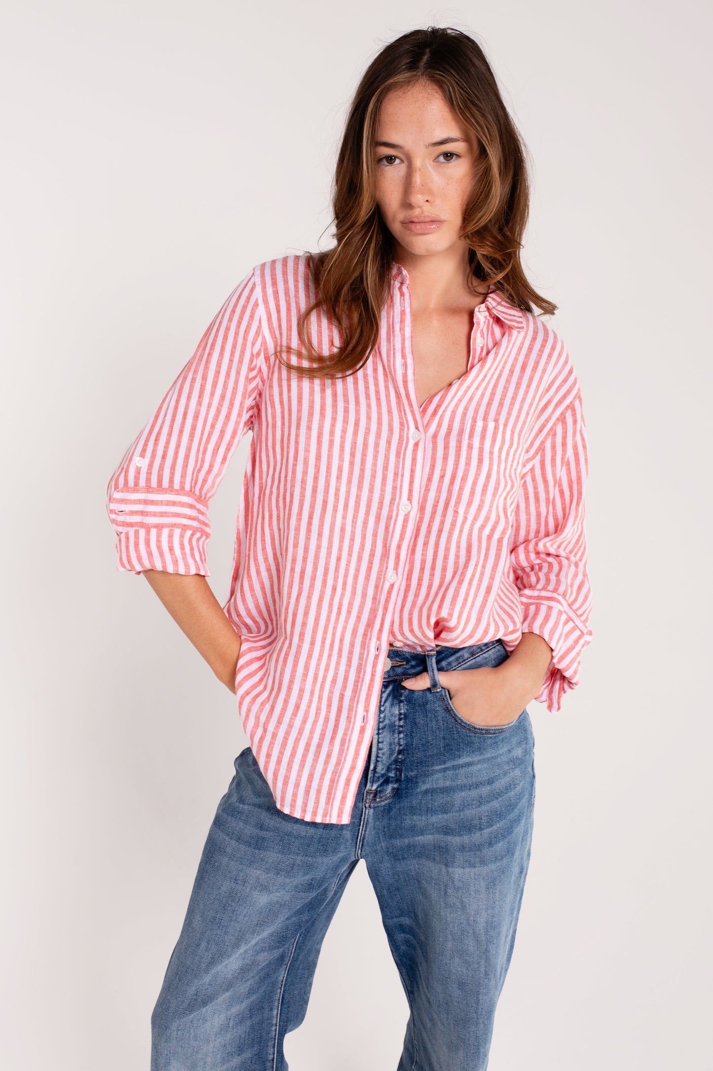 Red Yarn Dye Stripe Boyfriend Linen Shirt