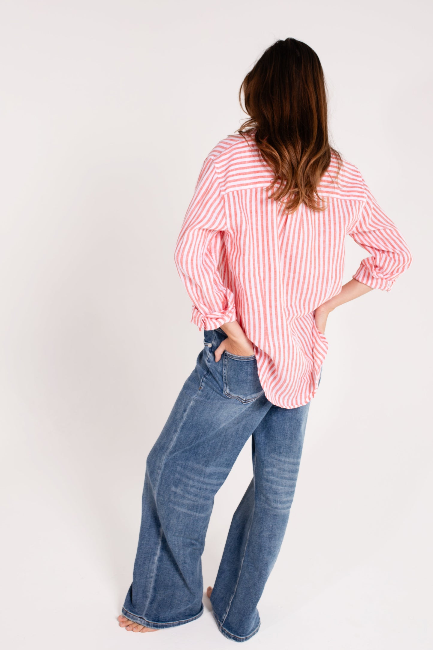 Red Yarn Dye Stripe Boyfriend Linen Shirt