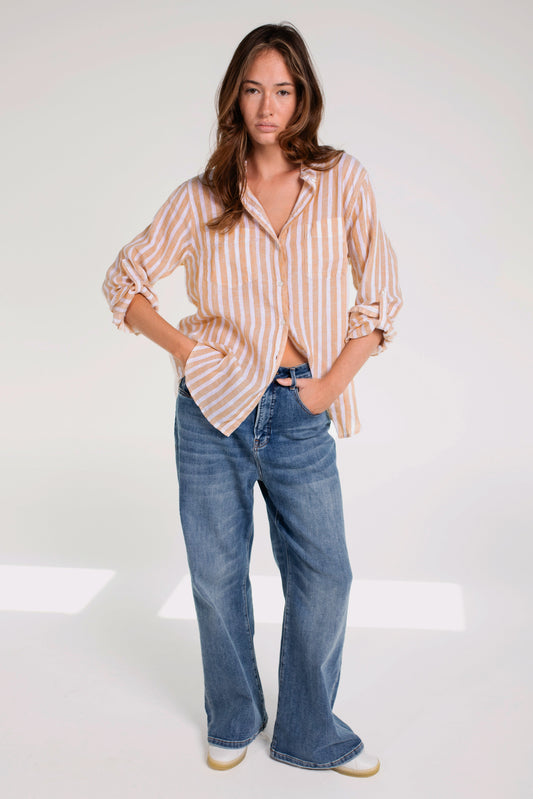 Honeycomb Stripe Boyfriend Linen Shirt