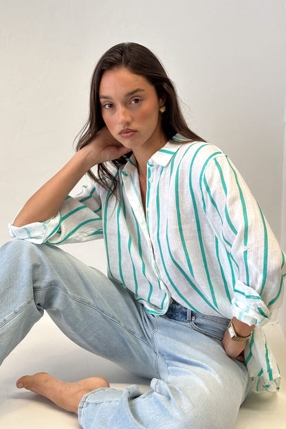 Bermuda Green Stripe Boyfriend Linen Shirt
