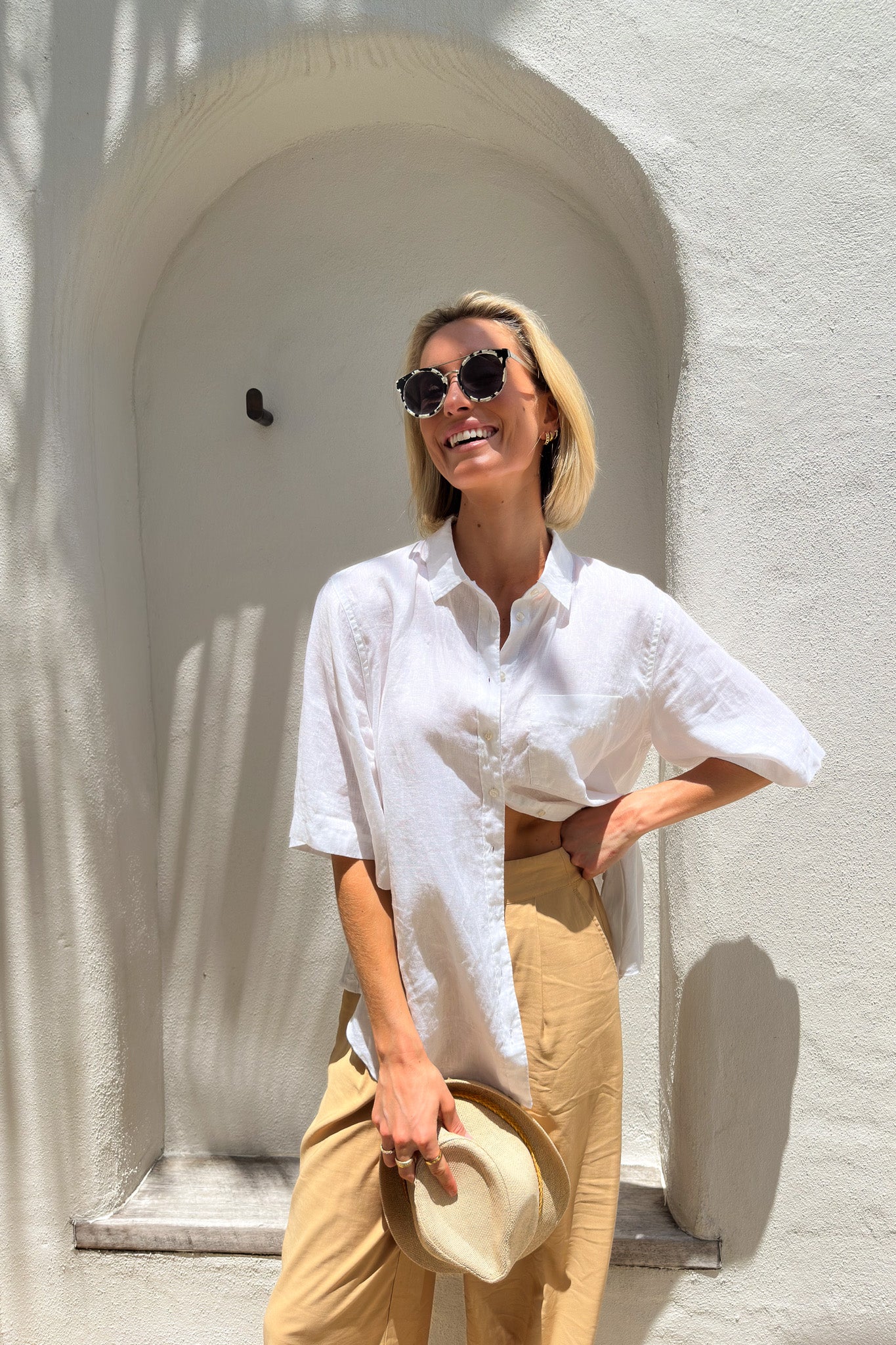 White Short Sleeve Boyfriend Linen Shirt