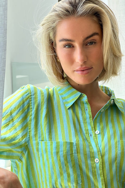 Key Lime Stripe Boyfriend Linen Shirt