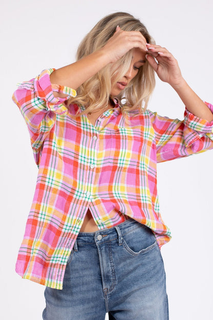 Bubblegum Plaid Boyfriend Linen Shirt