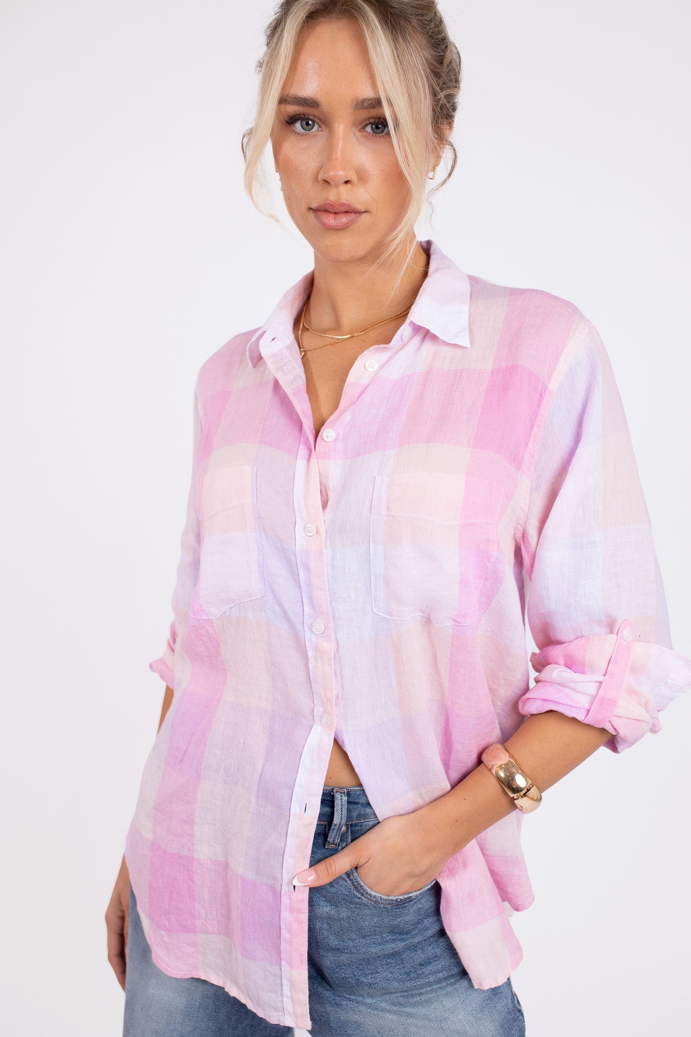Lilac Plaid Boyfriend Linen Shirt