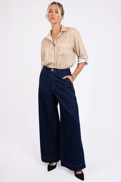 Iconic Tan Stripe Boyfriend Linen Shirt